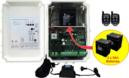 Control Box Kit Suitable for Low Voltage Powered Single & Double APC Gate Systems, Supplied with APC Control Box, 24V LV Control Board, External Transformer, 2 x 12V 5Ah Back-Up Batteries & 2 Remote Controls